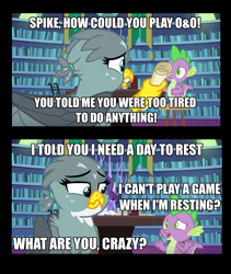 Size: 952x1129 | Tagged: safe, edit, edited screencap, screencap, gabby, rarity, spike, dragon, griffon, pony, unicorn, dragon dropped, caption, dungeons and dragons, female, image macro, library, male, ogres and oubliettes, text, winged spike