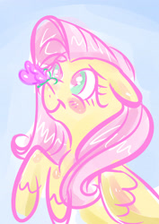 Size: 2893x4092 | Tagged: safe, artist:yasikins, fluttershy, butterfly, pegasus, pony, absurd resolution, blush sticker, blushing, bust, floppy ears, insect on nose, looking at something, portrait, smiling, solo