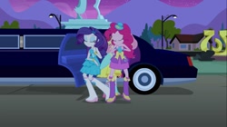 Size: 1100x618 | Tagged: safe, screencap, fluttershy, pinkie pie, rarity, equestria girls, equestria girls (movie), balloon, boots, bracelet, eyes closed, hat, high heel boots, jewelry, limousine, raised leg, statue, top hat, tree