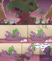 Size: 1280x1493 | Tagged: safe, artist:imsokyo, derpibooru import, spike, twilight sparkle, dragon, pony, unicorn, comic:cold tea, comic, daily life of spike, dialogue, drawing, female, golden oaks library, male, mare