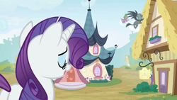 Size: 1920x1080 | Tagged: safe, screencap, gabby, rarity, spike, dragon, griffon, pony, unicorn, dragon dropped, female, flying, flying away, male, smiling, straight, winged spike