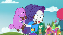 Size: 1902x1076 | Tagged: safe, screencap, princess thunder guts, rarity, wallflower blush, dog, better together, choose your own ending, equestria girls, lost and pound, lost and pound: rarity, background human, cloud, drool, face licking, female, food truck, geode of shielding, licking, licking face, magical geodes, mud, muddy, outdoors, oxford brush, puppy, tongue out