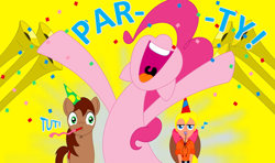 Size: 1024x606 | Tagged: safe, artist:bbbhuey, megan williams, pinkie pie, human, g1, confetti, g1 to g4, generation leap, musical instrument, party horn, tj, trumpet