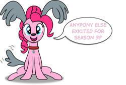 Size: 1024x697 | Tagged: safe, artist:paranoidpuppiesinc, pinkie pie, dog, pony, clothes, collar, cosplay, costume, dialogue, misspelling, open mouth, pound puppies, rebound mcleish, solo, speech bubble