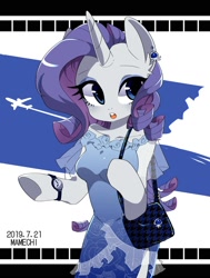 Size: 1300x1720 | Tagged: safe, artist:potetecyu_to, rarity, pony, semi-anthro, unicorn, clothes, dress, female, plane, purse, solo, watch, wristwatch