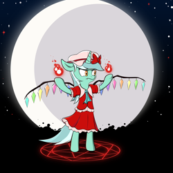 Size: 4000x4000 | Tagged: safe, artist:a-leksey, lyra heartstrings, pony, unicorn, absurd resolution, bipedal, clothes, cosplay, dress, fangs, flandre scarlet, moon, pentagram, solo, touhou, wings