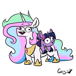 Size: 1280x1280 | Tagged: safe, artist:greyscaleart, princess celestia, twilight sparkle, unicorn twilight, alicorn, pony, unicorn, background removed, colored hooves, derp, derplestia, duo, hoof shoes, majestic as fuck, ponies riding ponies, signature, silly, simple background, transparent background