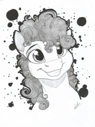 Size: 1024x1366 | Tagged: safe, artist:lupiarts, pinkie pie, earth pony, pony, female, grin, happy, mare, simple background, smiling, solo, traditional art