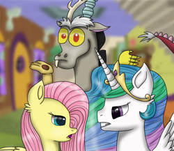 Size: 1500x1300 | Tagged: safe, artist:artistathefilly, discord, fluttershy, princess celestia, alicorn, pegasus, pony, discord gets all the mares, discord's house, discoshy, discoshylestia, dislestia, female, love triangle, male, shipping, shrug, straight