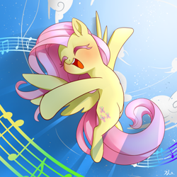 Size: 1500x1500 | Tagged: safe, artist:renokim, fluttershy, pegasus, pony, filli vanilli, blushing, cloud, colored eyelashes, cute, enjoying, eyes closed, flying, happy, music in the treetops, music notes, open mouth, shyabetes, singing, smiling, solo, spread wings, wings