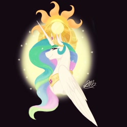 Size: 1400x1404 | Tagged: safe, artist:isoldarose, princess celestia, alicorn, pony, black background, female, jewelry, mare, regalia, simple background, smiling, solo