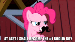Size: 848x480 | Tagged: safe, edit, edited screencap, screencap, pinkie pie, earth pony, pony, spike at your service, albert wesker, animated, boglins, caption, dastardly, facial hair, female, gif, image macro, jim sterling, mare, meme, moustache, plotting, solo