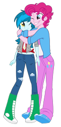 Size: 1261x2604 | Tagged: safe, artist:mlprocker123, bubble berry, pinkie pie, thunderbass, equestria girls, adoraberry, blu lightning, clothes, cute, equestria guys, female, hug, looking back, male, one eye closed, pinkiebass, rule 63, rule63betes, shipping, simple background, smiling, straight, transparent background, wink