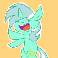 Size: 300x300 | Tagged: safe, artist:mamakanaya, lyra heartstrings, pony, unicorn, animated, ask, dancing, female, lyra-answers, mare, open mouth, simple background, smiling, solo, tumblr, yellow background