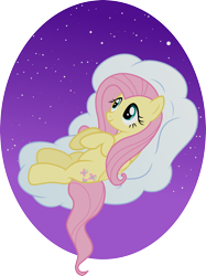 Size: 2462x3297 | Tagged: safe, artist:daydreamsyndrom, fluttershy, pegasus, pony, cloud, cute, female, mare, night, on back, shyabetes, simple background, smiling, solo, stars, transparent background