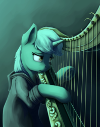 Size: 1091x1381 | Tagged: safe, artist:28gooddays, lyra heartstrings, pony, fanfic:background pony, bipedal, clothes, emo lyra, harp, hoodie, musical instrument, ponies wearing black, solo