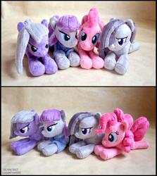 Size: 2628x2945 | Tagged: safe, artist:sewyouplushiethings, limestone pie, marble pie, maud pie, pinkie pie, pony, high res, irl, photo, pie sisters, plushie, prone, siblings, sisters