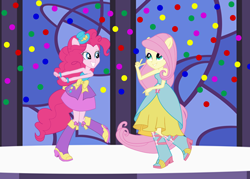 Size: 700x500 | Tagged: safe, artist:ktd1993, fluttershy, pinkie pie, equestria girls, balloon, boots, bracelet, dancing, fall formal outfits, female, flutterpie, high heel boots, jewelry, lesbian, ponied up, pony ears, ponytail, raised leg, shipping