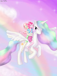 Size: 3000x4000 | Tagged: safe, artist:marie-tea-chan, fluttershy, pinkie pie, princess celestia, alicorn, human, pony, equestria girls, clothes, cloud, cute, female, flutterpie, flying, hug, humanized, lesbian, rainbow, shipping, wings