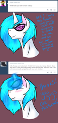 Size: 1280x2694 | Tagged: safe, artist:mad42hatter, dj pon-3, record scrape, vinyl scratch, pony, unicorn, ask, ask transdjpon-3, blushing, glasses, solo, trans vinyl, transgender, tumblr