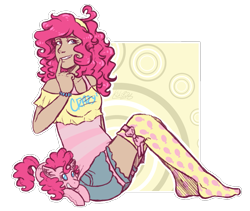 Size: 1109x935 | Tagged: safe, artist:kikirdcz, pinkie pie, human, bracelet, clothes, grin, humanized, jewelry, lidded eyes, missing shoes, moderate dark skin, plushie, shirt, shorts, simple background, sitting, smiling, socks, solo, transparent background