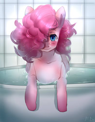 Size: 1100x1400 | Tagged: safe, artist:mysticduck, pinkie pie, earth pony, pony, bathtub, blushing, hair over one eye, solo, water