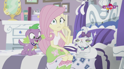 Size: 1136x638 | Tagged: safe, screencap, fluttershy, opalescence, spike, spike the regular dog, dog, dance magic, equestria girls, spoiler:eqg specials, bed, bedroom, boots, clothes, female, happy, not impressed, paws, shoes, skirt, socks, teletoon, unamused, worried