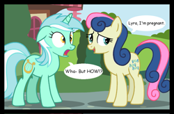 Size: 903x594 | Tagged: safe, artist:veggie55, edit, bon bon, lyra heartstrings, sweetie drops, comic, dialogue, meme, pregnant