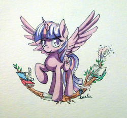 Size: 900x834 | Tagged: safe, artist:moenkin, derpibooru import, twilight sparkle, twilight sparkle (alicorn), alicorn, pony, book, female, mare, solo, traditional art