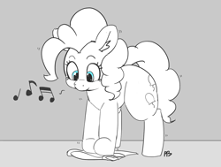 Size: 1280x968 | Tagged: safe, artist:pabbley, pinkie pie, pony, cleaning, music notes, partial color, simple background, solo