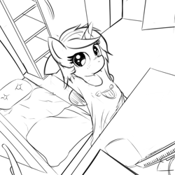 Size: 800x800 | Tagged: safe, artist:cheshiresdesires, lyra heartstrings, pony, unicorn, bed, black and white, clothes, computer, grayscale, monochrome, room, sitting, sketch, solo, t-shirt