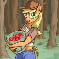 Size: 1536x1536 | Tagged: safe, artist:exedrus, derpibooru exclusive, applejack, anthro, apple, bucket, clothes, cowboy hat, female, food, forest, hat, looking at you, midriff, outdoors, panties, pink underwear, rope, smiling, solo, stetson, tree, underwear