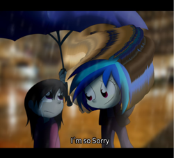 Size: 936x854 | Tagged: safe, artist:fj-c, edit, dj pon-3, octavia melody, vinyl scratch, human, are you frustrated?, crying, frown, humanized, pony coloring, rain, sad, smiling, umbrella