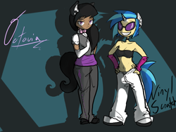 Size: 2000x1500 | Tagged: safe, artist:ofthevirtus, dj pon-3, octavia melody, vinyl scratch, human, clothes, eared humanization, female, horned humanization, humanized, tailed humanization