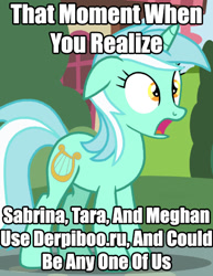 Size: 419x544 | Tagged: safe, edit, edited screencap, screencap, lyra heartstrings, caption, derpibooru, image macro, meghan mccarthy, sabrina alberghetti, solo, surprised, tara strong, text