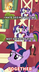 Size: 554x1010 | Tagged: safe, edit, edited screencap, screencap, applejack, rarity, twilight sparkle, twilight sparkle (alicorn), alicorn, earth pony, pony, unicorn, applejack's "day" off, female, image macro, implied rarijack, lesbian, meme, rarijack, shipper on deck, shipping