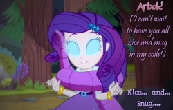 Size: 1122x712 | Tagged: safe, artist:snakeythingy, edit, edited screencap, screencap, rarity, equestria girls, arbok, belt, bracelet, clothes, coiling, coils, hypno eyes, hypnosis, hypnotized, jewelry, pokémon, skirt, smiling, solo, text