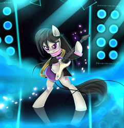 Size: 3000x3100 | Tagged: safe, artist:cyanaeolin, octavia melody, earth pony, pony, bipedal, clothes, guitar, jacket, rocktavia, scarf, solo, speakers