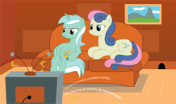 Size: 1200x708 | Tagged: safe, artist:spacekingofspace, bon bon, lyra heartstrings, sweetie drops, g1, my little pony tales, mouse hole, sitting lyra, sofa, television