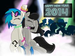 Size: 4000x3000 | Tagged: safe, artist:drako1997, dj pon-3, octavia melody, vinyl scratch, earth pony, pony, dancing, female, glowstick, lesbian, lip bite, new year, rave, scratchtavia, shipping