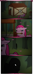 Size: 1245x2721 | Tagged: safe, artist:underwoodart, pinkie pie, oc, oc:z'ian, pony, zebra, angry, ask pink-pony, comic, house, mouth hold, pinkamena diane pie, teeth, tree, well