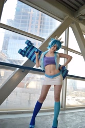 Size: 4000x6016 | Tagged: safe, artist:everage, dj pon-3, vinyl scratch, human, bass cannon, belly button, clothes, cosplay, irl, irl human, midriff, photo, skirt, solo