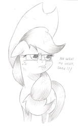 Size: 752x1222 | Tagged: safe, artist:saturdaymorningproj, applejack, earth pony, pony, applejack's "day" off, floppy ears, grayscale, monochrome, pouting, simple background, solo, traditional art