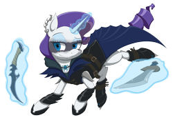 Size: 3000x2125 | Tagged: safe, artist:janji009, part of a series, part of a set, rarity, pony, unicorn, assassin, card game, clothes, crossover, dimir, fantasy class, female, hooves, horn, levitation, magic, magic aura, magic the gathering, mare, ravnica, simple background, solo, sword, telekinesis, transparent background, weapon