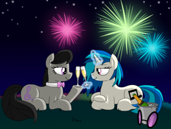 Size: 4000x3000 | Tagged: safe, artist:drako1997, dj pon-3, octavia melody, vinyl scratch, earth pony, pony, bowtie, champagne, female, fireworks, glasses, grass, lesbian, night, scratchtavia, shipping