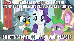 Size: 888x499 | Tagged: safe, edit, edited screencap, screencap, gabby, rarity, spike, dragon, griffon, pony, unicorn, dragon dropped, caption, female, image macro, love and tolerance, male, meme, opinion, perspective, shipping, shipping war, spabby, sparity, spike gets all the mares, straight, text, text edit, winged spike