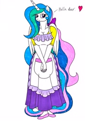 Size: 2450x3490 | Tagged: safe, artist:killerteddybear94, princess celestia, alicorn, anthro, plantigrade anthro, pony, apron, breasts, cleavage, clothes, cute, cutelestia, dialogue, female, heart, heart eyes, housewife, looking at you, mare, momlestia, multicolored mane, princess breastia, redraw, shirt, shoes, skirt, smiling, smiling at you, solo, t-shirt, talking to viewer, text, wingding eyes