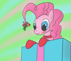 Size: 2100x1800 | Tagged: safe, artist:ononim, pinkie pie, earth pony, pony, blushing, bronybait, clothes, female, mare, mistletoe, present, socks, solo, wavy mouth