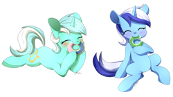 Size: 1024x574 | Tagged: safe, artist:sion, lyra heartstrings, minuette, blushing, donut, eating, food