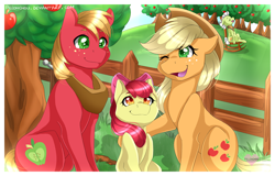 Size: 1550x989 | Tagged: safe, artist:pillonchou, apple bloom, applejack, big macintosh, granny smith, earth pony, pony, cowboy hat, freckles, hat, male, open mouth, orchard, rocking chair, stallion, stetson, sweet apple acres, wink